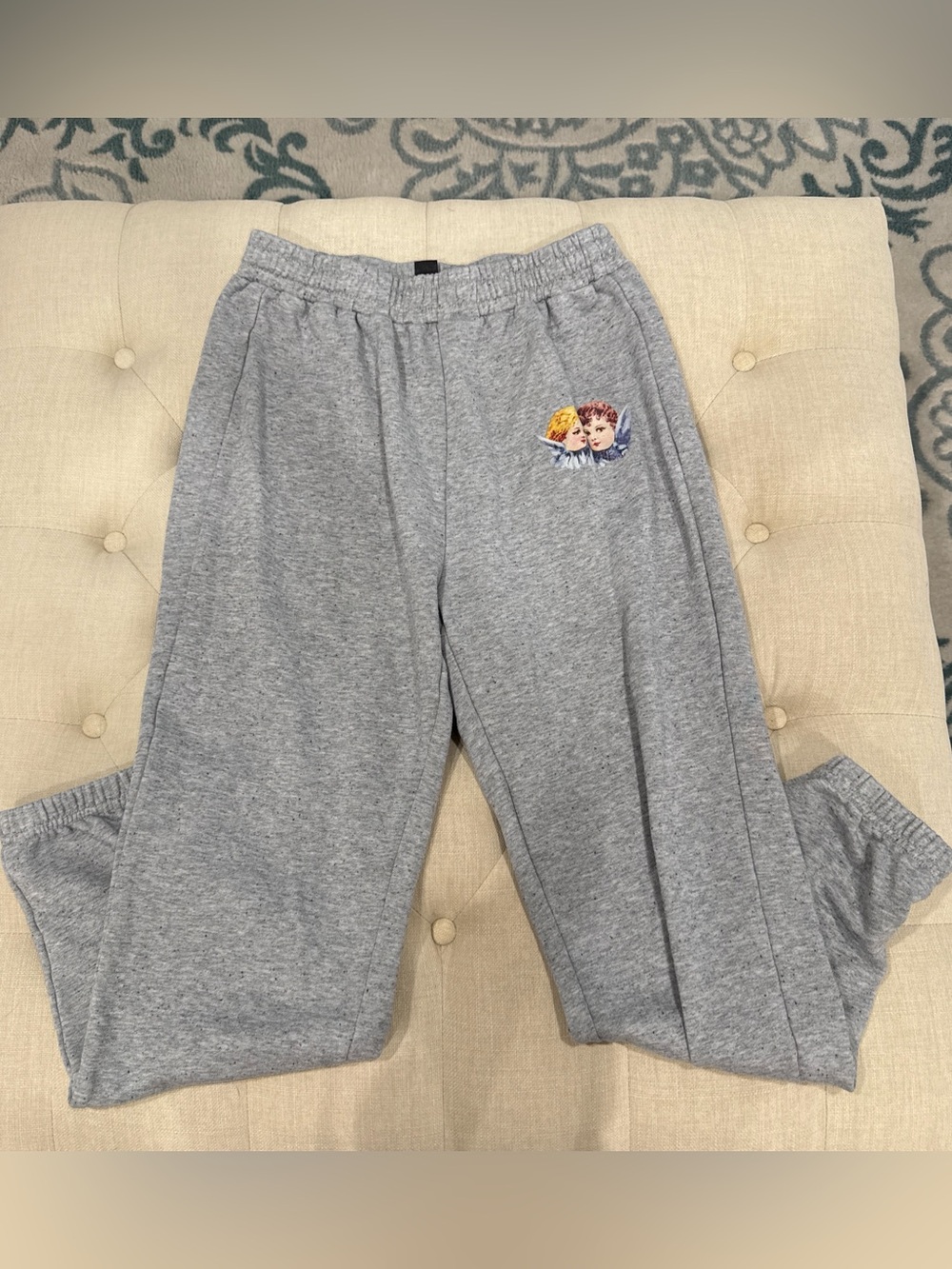 Gray Sweatpants with Embroidered Angel Detail